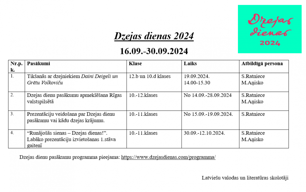 Dzejas dienas 2024 | Rīgas Reinholda Šmēlinga vidusskola
